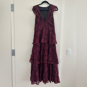 Molinetto Burgundy Lace Ruffled Tiered Sleeveless Maxi Dress
